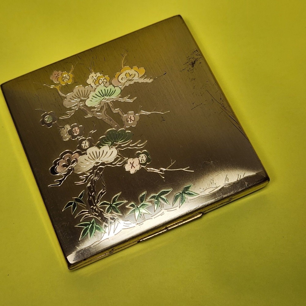 Vintage Elgin American Make-Up Compact Brass Etched Asian Bonsai Tree USA Made